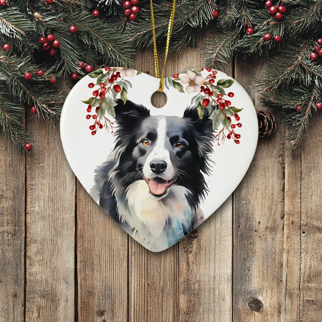 Border Collie Dog Holly Berry Weihnachten Keramik Ornament (Von Creator hochgeladen)