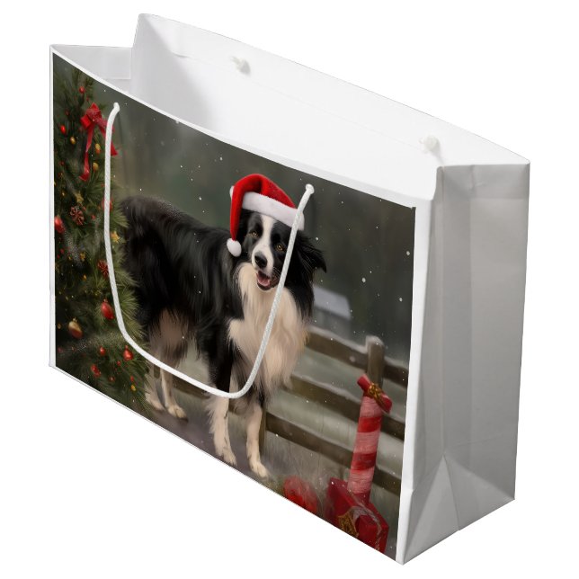 Border Collie Dog im Schnee Weihnachten Große Geschenktüte (Vorderseite Schrägansicht)
