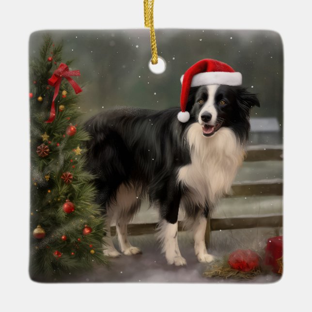 Border Collie Dog im Schnee Weihnachten Keramikornament (Vorderseite)