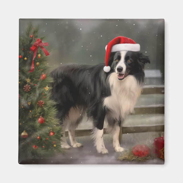 Border Collie Dog im Schnee Weihnachten Magnet (Vorne)