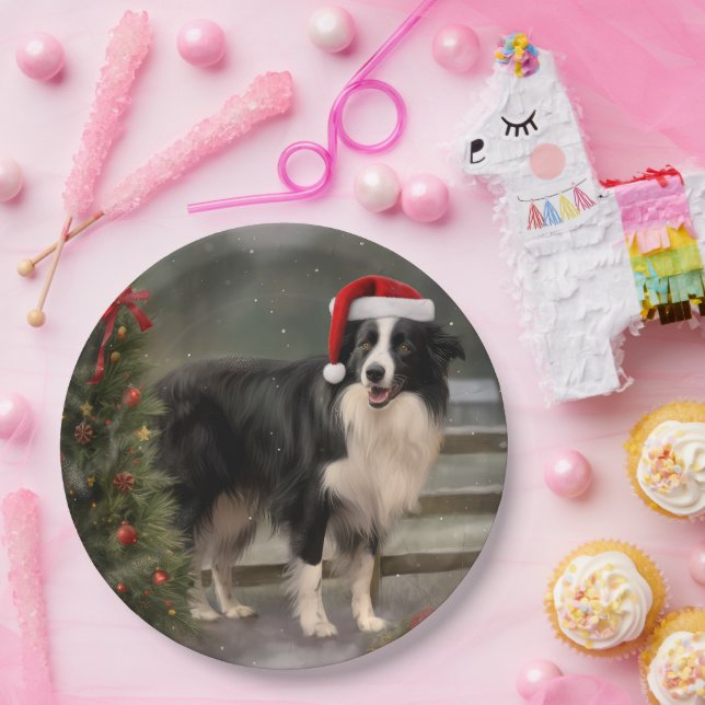 Border Collie Dog im Schnee Weihnachten Pappteller (Party)