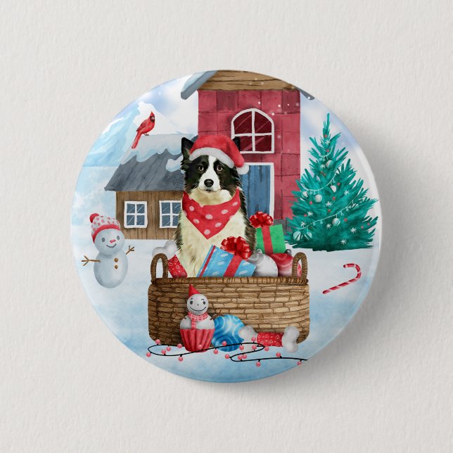 Border Collie Dog im Schnee Weihnachtshundehaus Button (Vorderseite)