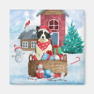 Border Collie Dog im Schnee Weihnachtshundehaus Magnet