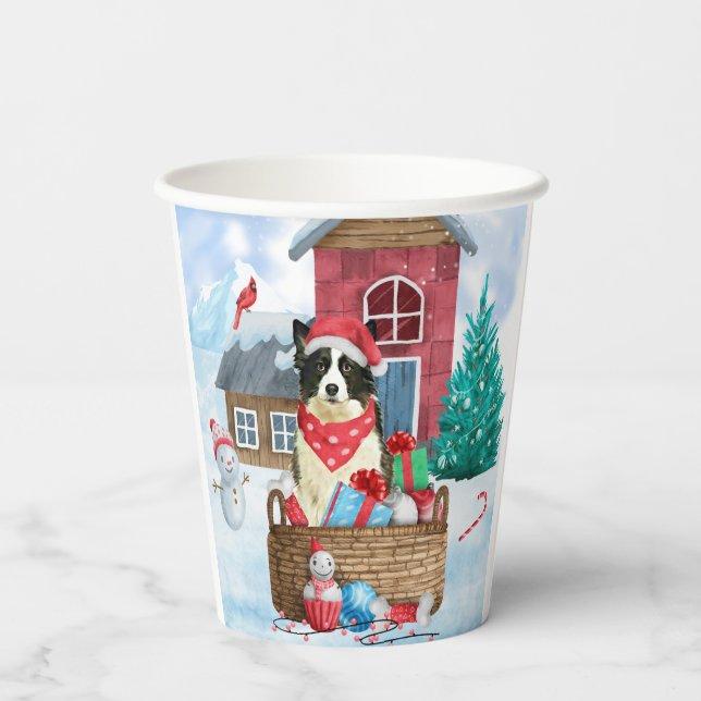 Border Collie Dog im Schnee Weihnachtshundehaus Pappbecher (Rückseite)