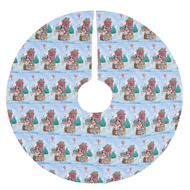 Border Collie Dog im Schnee Weihnachtshundehaus Polyester Weihnachtsbaumdecke (Vorderseite)