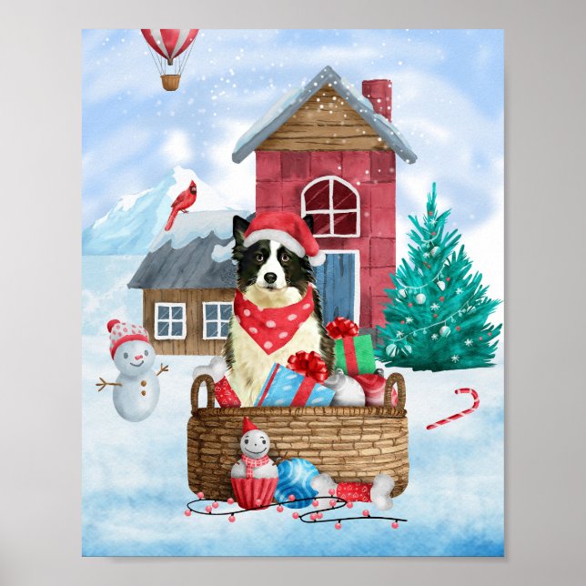 Border Collie Dog im Schnee Weihnachtshundehaus Poster (Vorne)