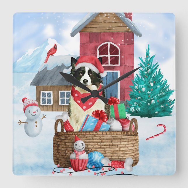 Border Collie Dog im Schnee Weihnachtshundehaus Quadratische Wanduhr (Vorderseite)