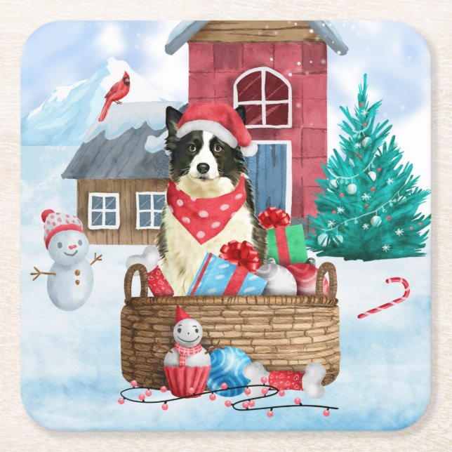 Border Collie Dog im Schnee Weihnachtshundehaus Rechteckiger Pappuntersetzer (Vorderseite)