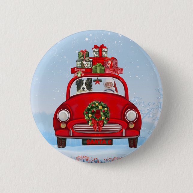 Border Collie Dog in Car mit dem Weihnachtsmann Button (Vorderseite)