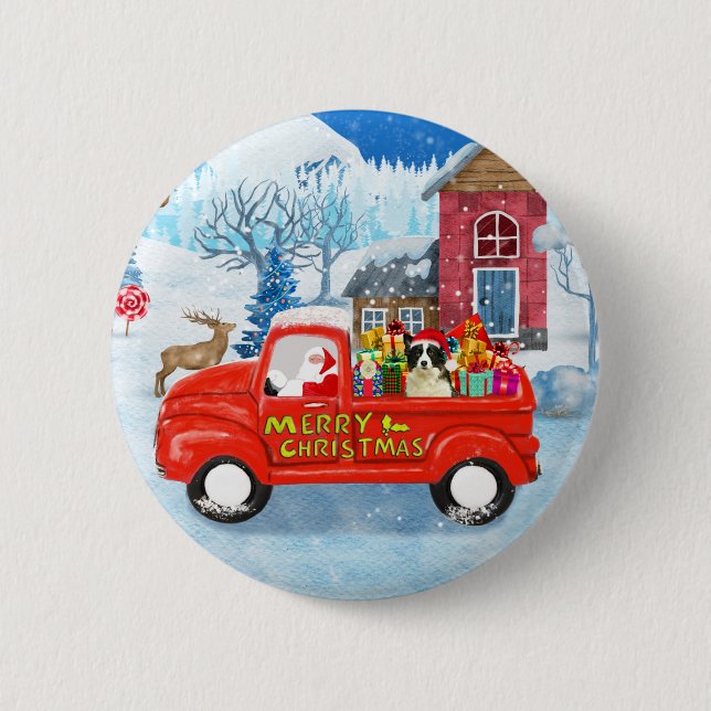 Border Collie Dog in Christmas Delivery LKW Schnee Button (Vorderseite)