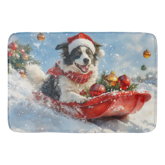 Border Collie Dog in Sledge Lass es Schnee Weihnac Badematte (Vorderseite)