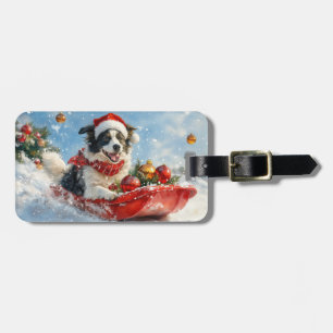 Border Collie Dog in Sledge Lass es Schnee Weihnac Gepäckanhänger