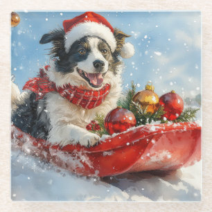 Border Collie Dog in Sledge Lass es Schnee Weihnac Glasuntersetzer
