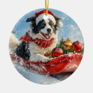 Border Collie Dog in Sledge Lass es Schnee Weihnac Keramik Ornament