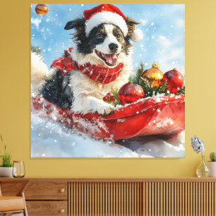 Border Collie Dog in Sledge Lass es Schnee Weihnac Leinwanddruck
