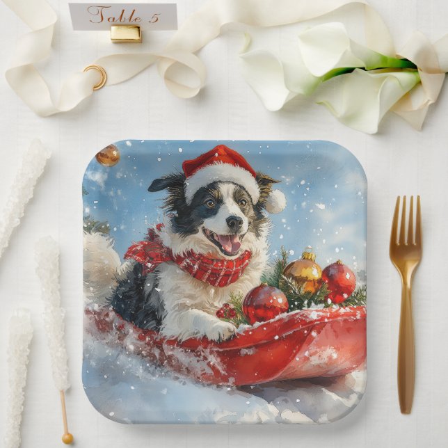Border Collie Dog in Sledge Lass es Schnee Weihnac Pappteller (Hochzeit)