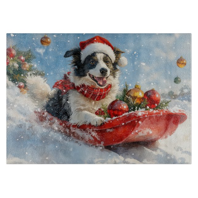 Border Collie Dog in Sledge Lass es Schnee Weihnac Schneidebrett (Vorderseite)