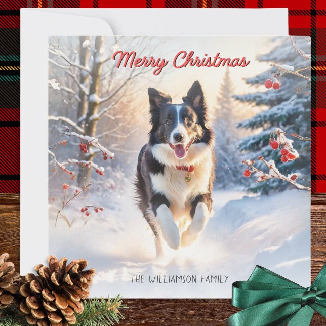 Border Collie Dog in Snow Frohe Weihnachten (A personalized Christmas card with illustration of a black and white border collie and winter snow)