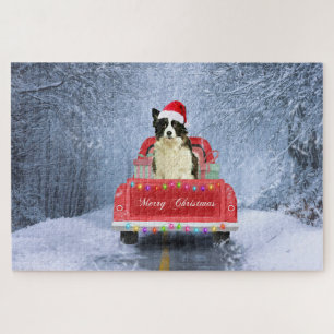 Border Collie Dog in Snow sitzen in Weihnachten Puzzle