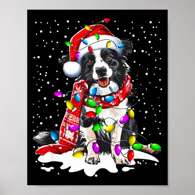 Border Collie Dog Lighting Xmas Santa Hat Christma Poster (Vorne)