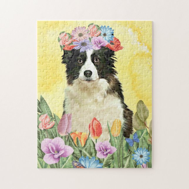 Border Collie Dog mit Blume Spring Puzzle (Vertikal)