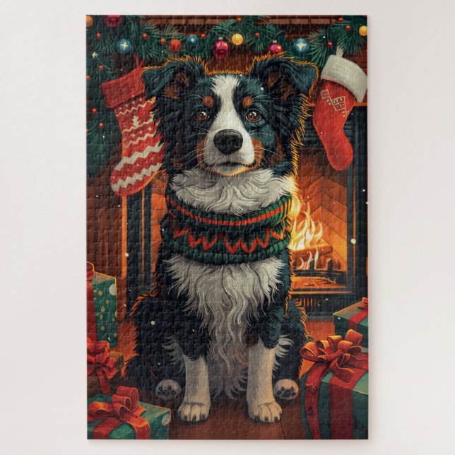Border Collie Dog mit Weihnachtsgeschenken Feuerpl Puzzle (Vertikal)
