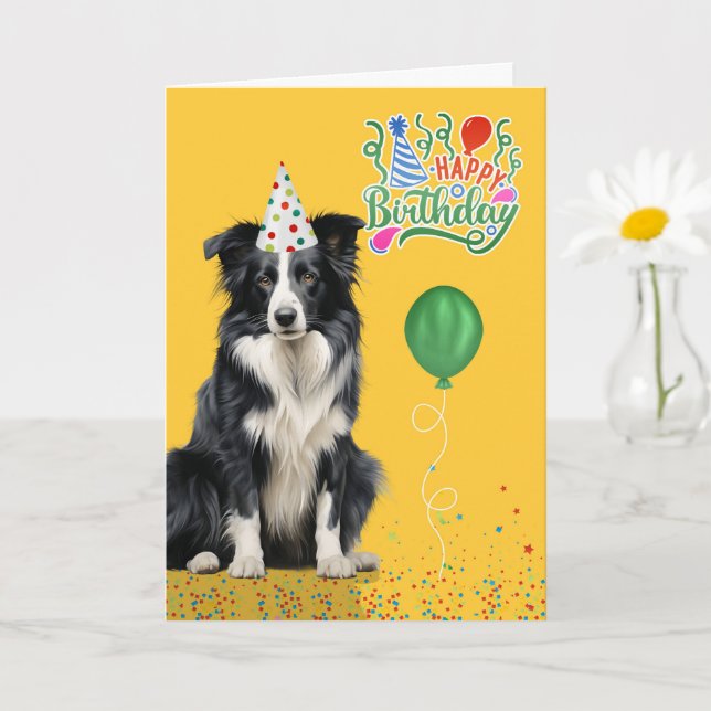 Border Collie Dog Party Hat Yellow Birthday Karte (Kleine Pflanze)