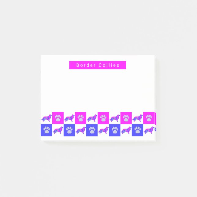Border Collie Dog & Paw Hot Pink & Blue Post-it Klebezettel (Vorderseite)