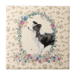 Border Collie Dog Paw Print Floral Niedlich Beige Fliese