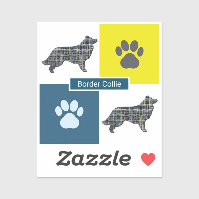 Border Collie Dog & Paw Y&B Gitter Sticker Cut (Blatt)