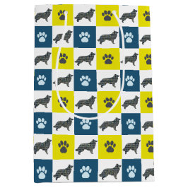 Border Collie Dog & Paw Yellow & Black Grid Mittlere Geschenktüte
