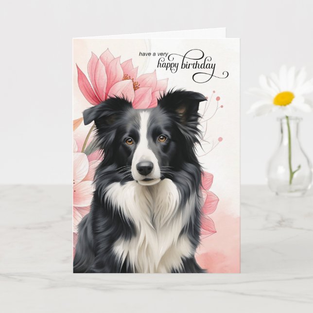 Border Collie Dog Pink Botanical Flowers Birthday Karte (Kleine Pflanze)