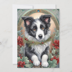 Border Collie Dog Poinsettias Holly Christmas Feiertagskarte