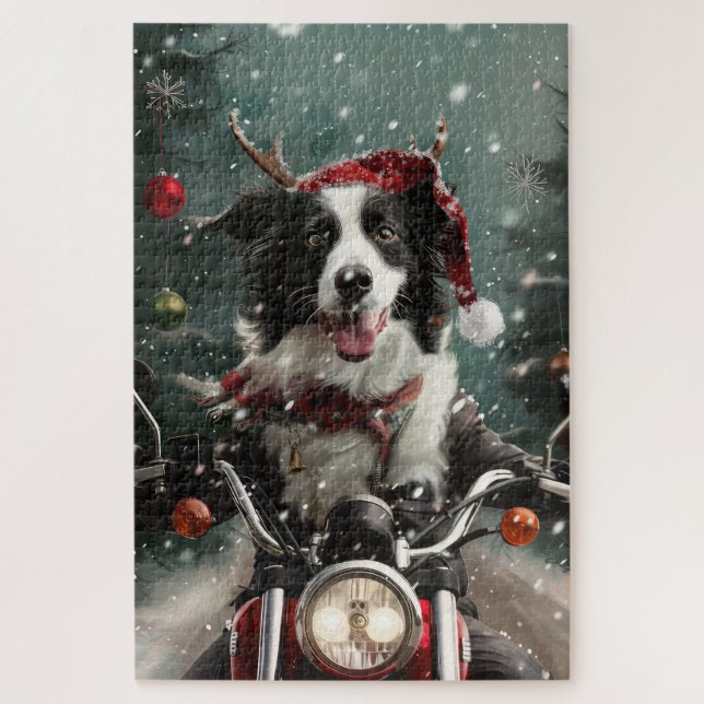 Border Collie Dog Reiten Motorrad Weihnachten Puzzle (Vertikal)