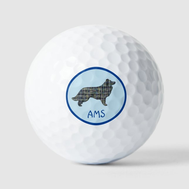 Border Collie Dog Silhouette Monogram Grid Blue Golfball (Vorderseite)