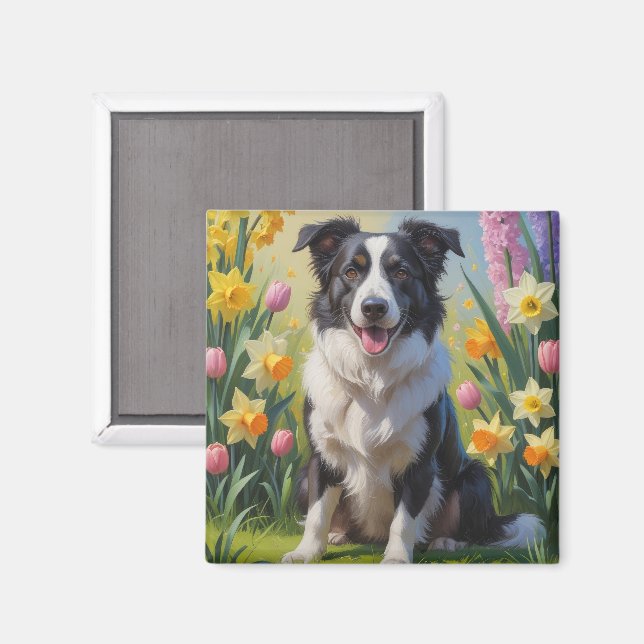 Border Collie Dog Spring Blumen Malerei Magnet (Vorderseite/Rückseite)
