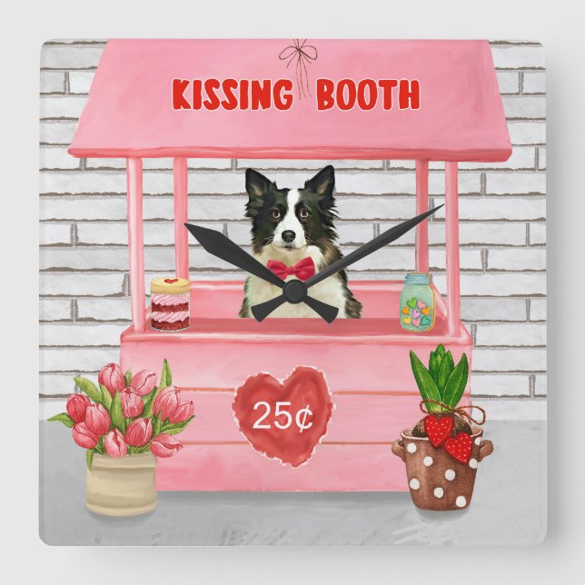 Border Collie Dog Valentine's Day Kissing Booth Quadratische Wanduhr (Vorderseite)