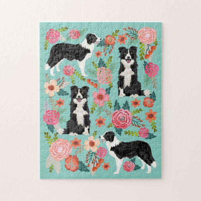 Border Collie Dog Vintag Florals Puzzle (Vertikal)