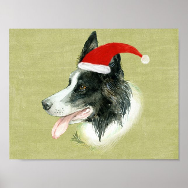 Border Collie Dog w Christmas Weihnachtsmannmütze Poster (Vorne)