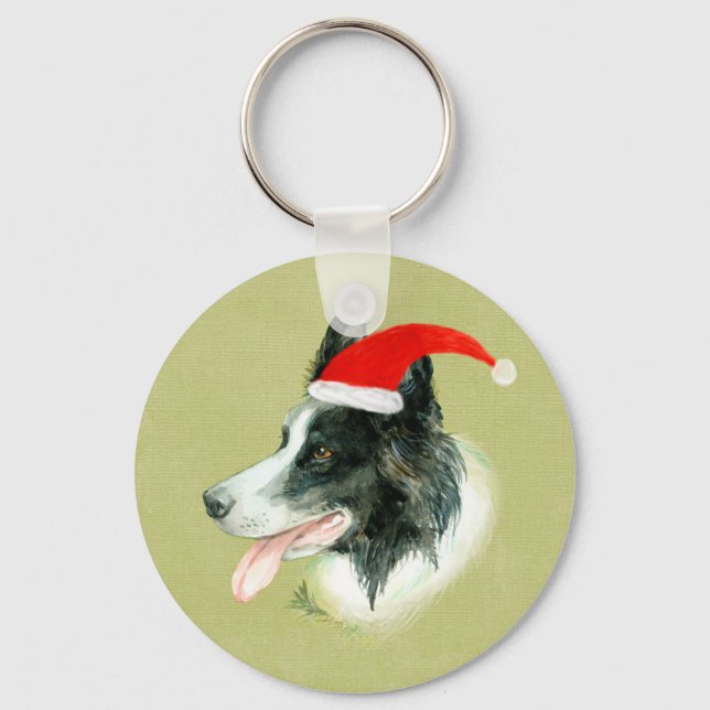 Border Collie Dog w Christmas Weihnachtsmannmütze Schlüsselanhänger (Vorderseite)