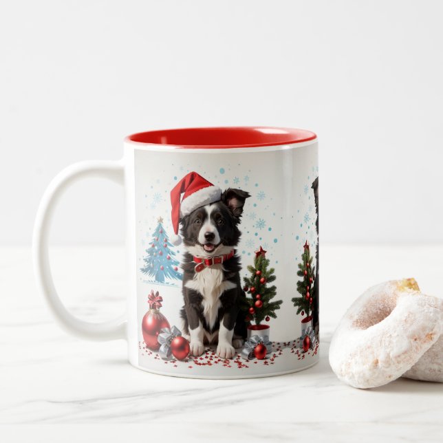 Border Collie Dog Weihnachtsmannmütze Weihnachten Zweifarbige Tasse (Mit Donut)