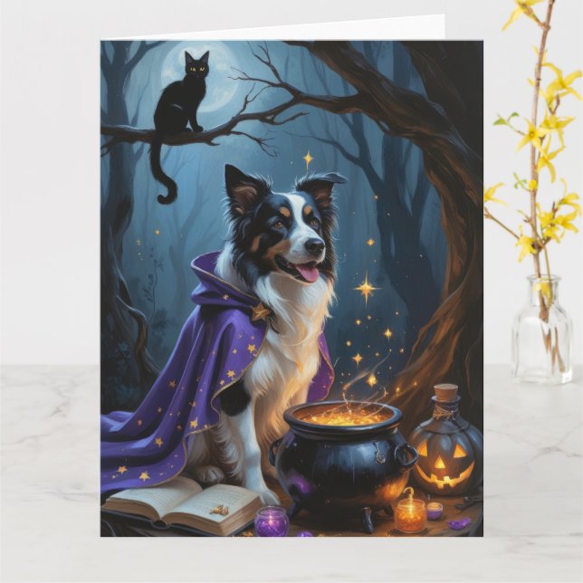 Border Collie Dog Whimsical Halloween Malerei Karte (Gelbe Blume)