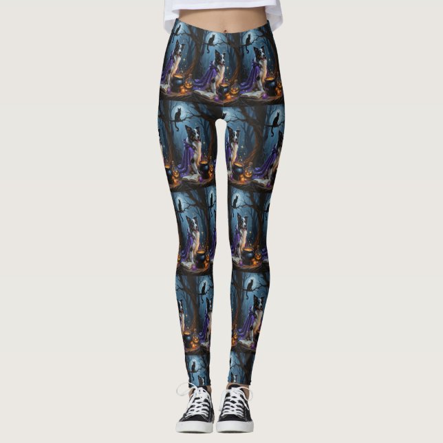 Border Collie Dog Whimsical Halloween Malerei Leggings (Vorderseite)
