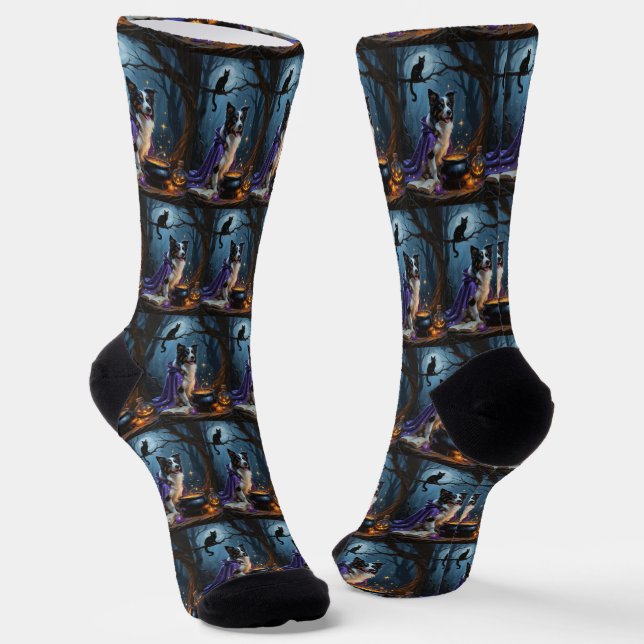 Border Collie Dog Whimsical Halloween Malerei Socken (Gewinkelt)