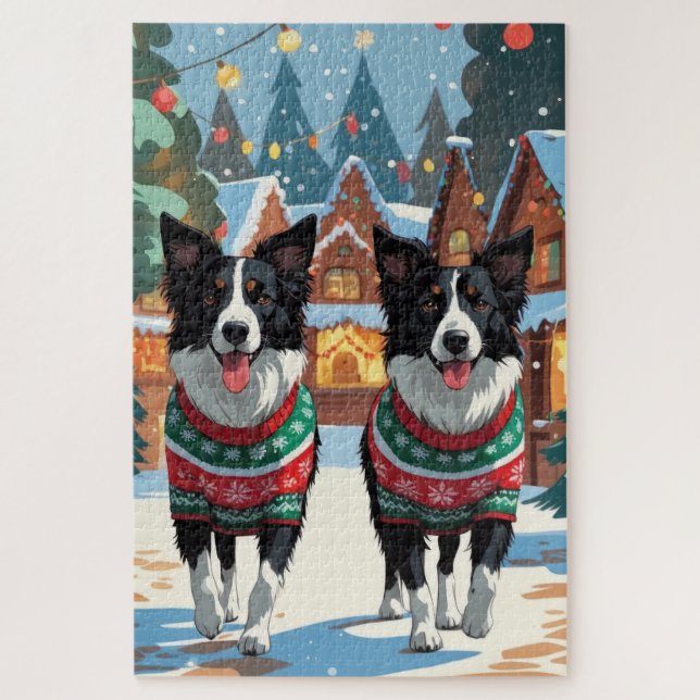 Border Collie Dogs Christmas Snow Holiday Puzzle (Vertikal)