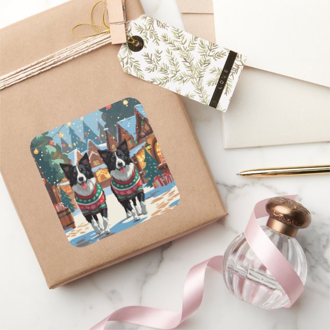 Border Collie Dogs Christmas Snow Holiday Quadratischer Aufkleber (Schenken)