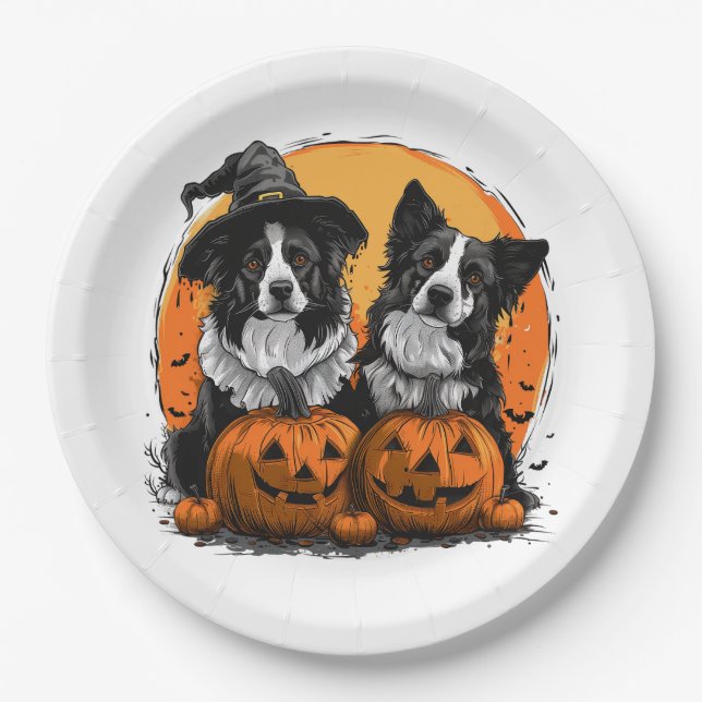 Border Collie Dogs Halloween Kürbislaternen Pappteller (Vorderseite)