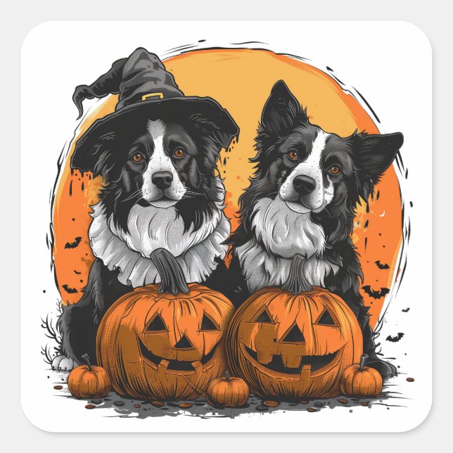 Border Collie Dogs Halloween Kürbislaternen Quadratischer Aufkleber (Vorderseite)