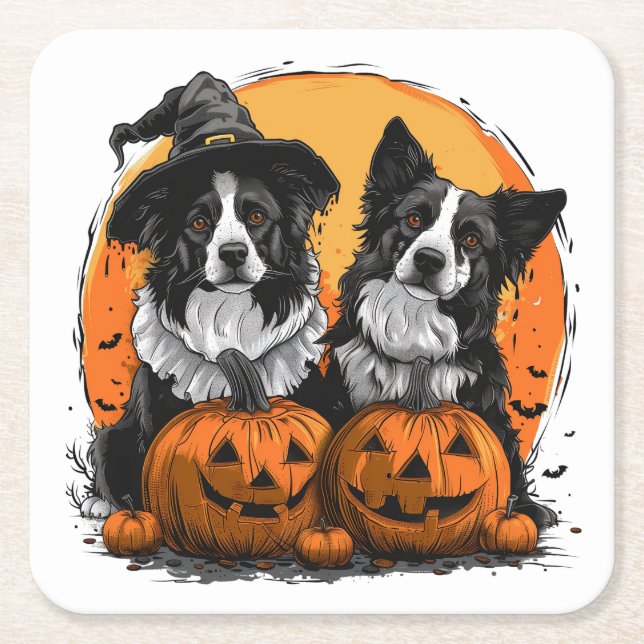 Border Collie Dogs Halloween Kürbislaternen Rechteckiger Pappuntersetzer (Vorderseite)