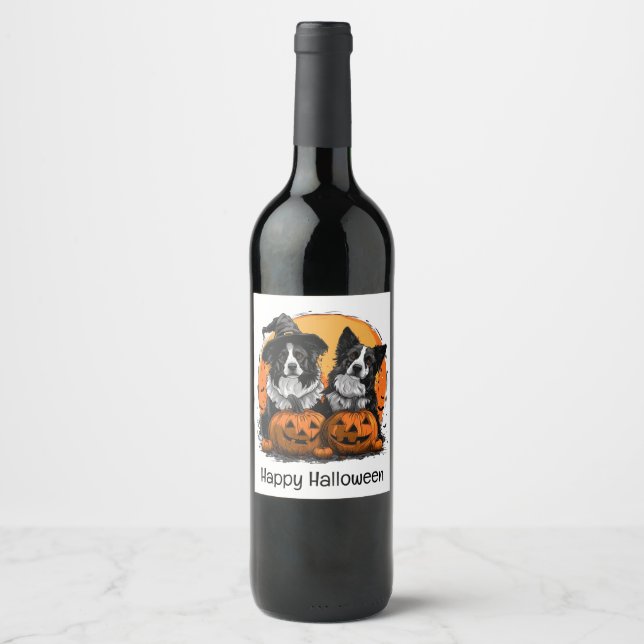 Border Collie Dogs Halloween Kürbislaternen Weinetikett (Vorderseite)